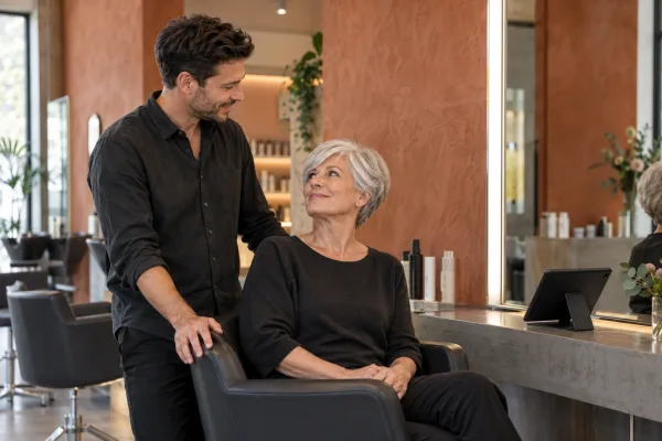 Friseur berät eine Kundin mit silbernem Kurzhaarschnitt in seinem Salon
