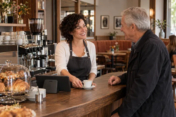 Caféinhaberin serviert einem Gast einen Kaffee am Tresen