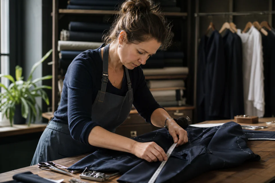 Schneiderin passt in ihrem Atelier eine Jacke sorgfältig an