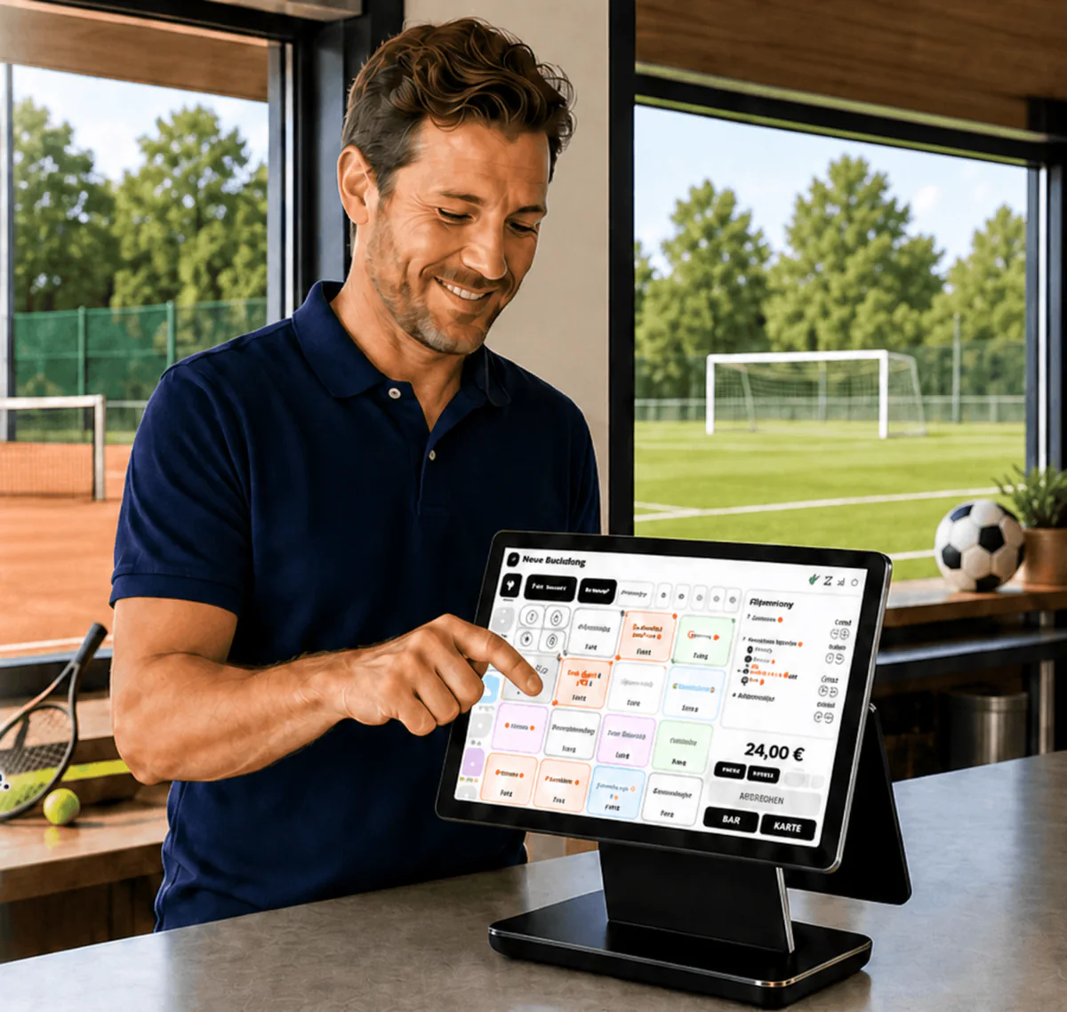 Vereinsgastronomie mit Tennisplatz, Fußballfeld und moaby Kassenterminal